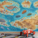 A home playroom decorated with an ancient fossil-themed ocean mural and minimalist decor.