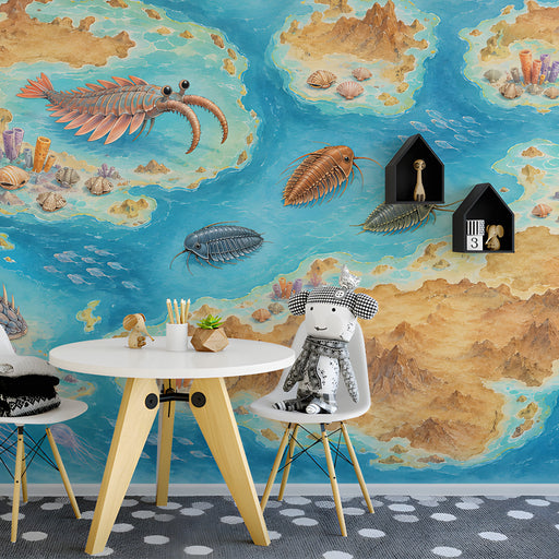 A kid's playroom featuring an educational prehistoric ocean wallpaper on the main wall with wooden furniture.