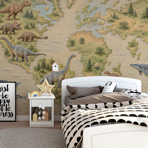 A bedroom corner decorated with a prehistoric world map mural and educational wooden toys.