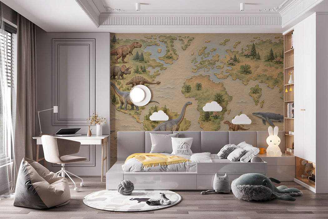A child’s bedroom featuring a prehistoric world map wallpaper behind a wooden bed frame.