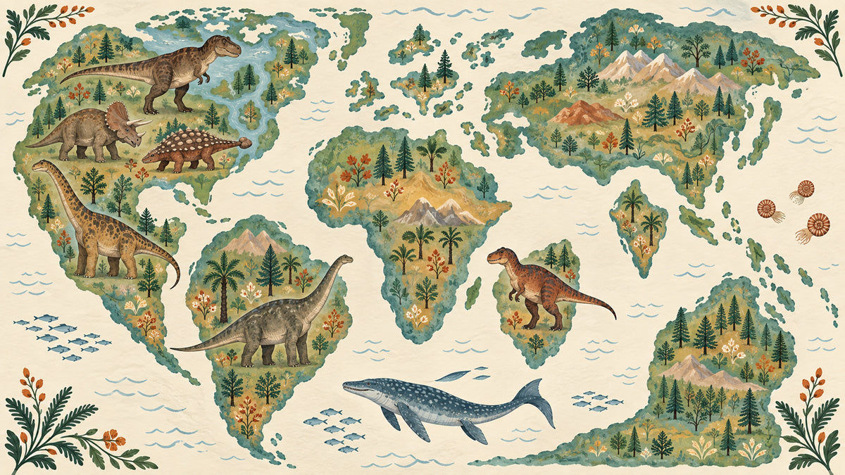 Dinosaur world map illustration featuring earthy green continents, brown dinosaurs, and a parchment cream background.