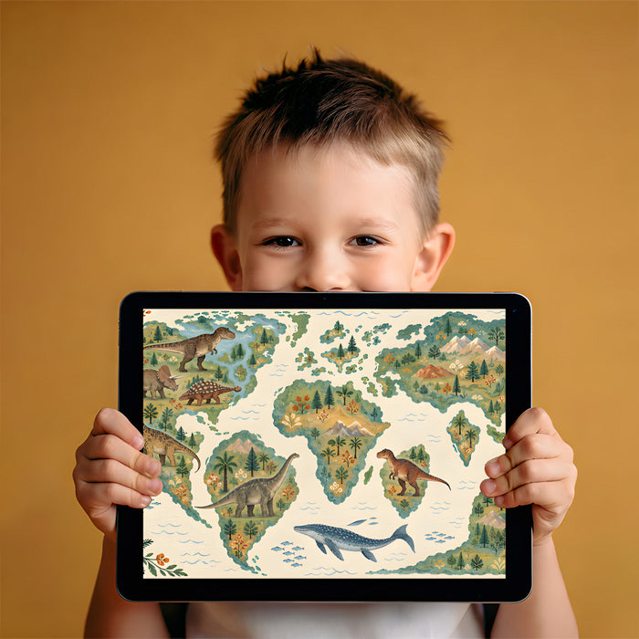 A bright playroom featuring a prehistoric world map mural as a decorative accent wall.