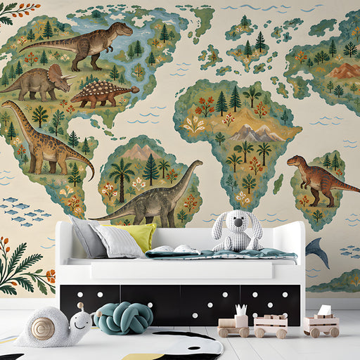 Educational wall art map with dinosaurs displayed in a cozy study room or home library.