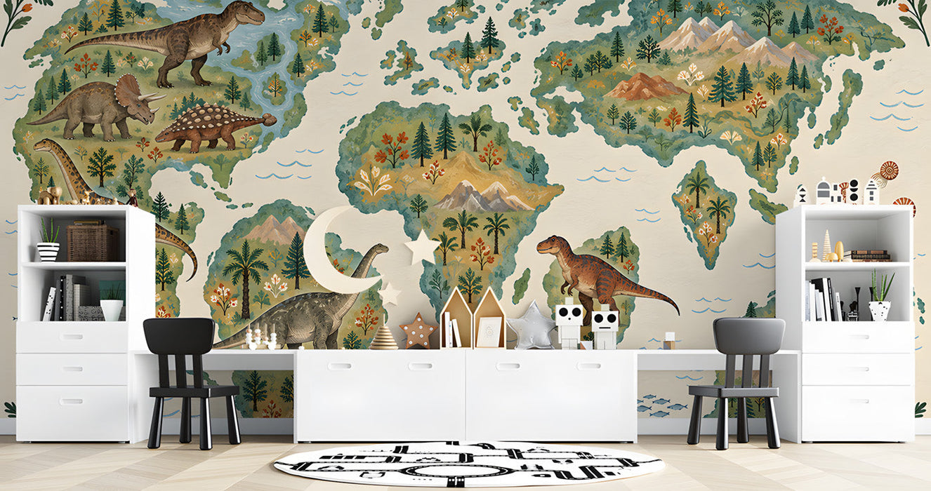 Dinosaur world map mural installed in a child's bedroom with natural wood furniture and neutral bedding.