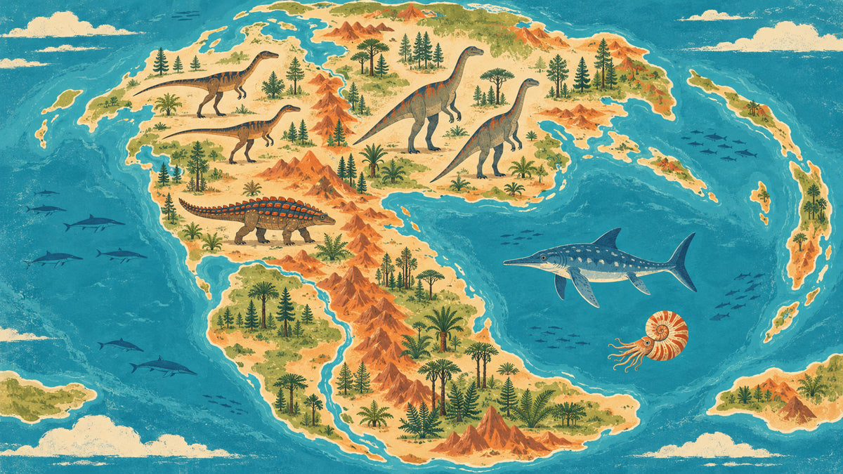 Illustrated Pangea map wallpaper with dinosaurs and marine life in ochre, forest green, and cerulean blue.