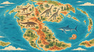 Illustrated Pangea map wallpaper with dinosaurs and marine life in ochre, forest green, and cerulean blue.