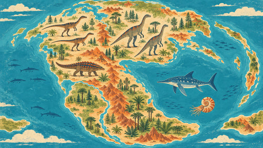 Illustrated Pangea map wallpaper with dinosaurs and marine life in ochre, forest green, and cerulean blue.