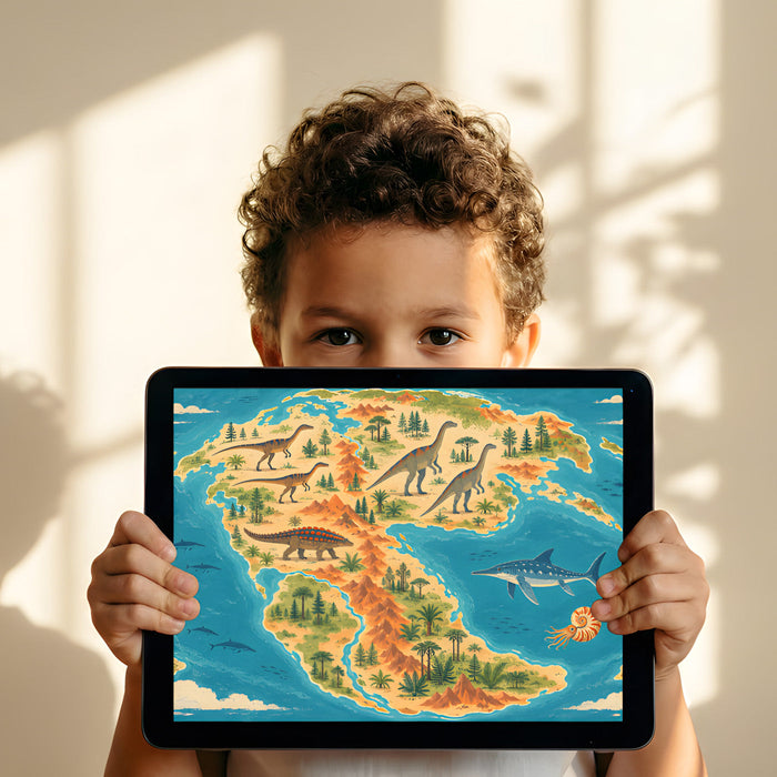 World map wallpaper featuring dinosaurs and sea creatures in a bright, modern nursery.