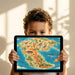 World map wallpaper featuring dinosaurs and sea creatures in a bright, modern nursery.