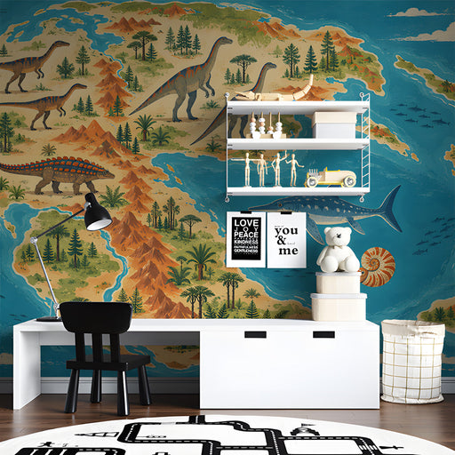 Educational prehistoric landscape mural as a focal point in a child's study.