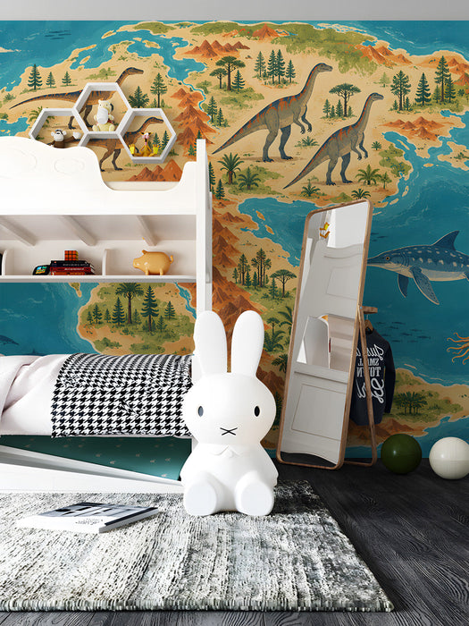 Prehistoric dinosaur mural installed in a creative kids bedroom with wooden furniture.