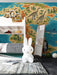 Prehistoric dinosaur mural installed in a creative kids bedroom with wooden furniture.