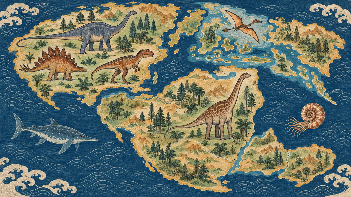 Vintage-style world map wallpaper featuring dinosaurs, flying reptiles, and sea creatures in blue and ochre tones.