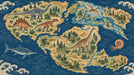 Vintage-style world map wallpaper featuring dinosaurs, flying reptiles, and sea creatures in blue and ochre tones.