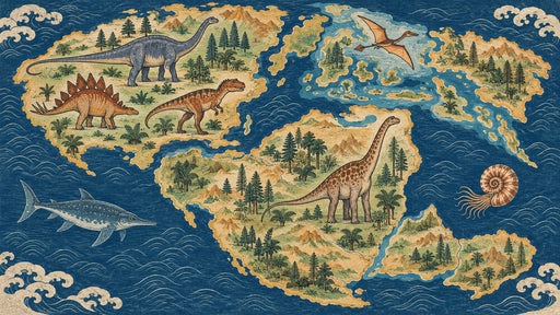 Vintage-style world map wallpaper featuring dinosaurs, flying reptiles, and sea creatures in blue and ochre tones.