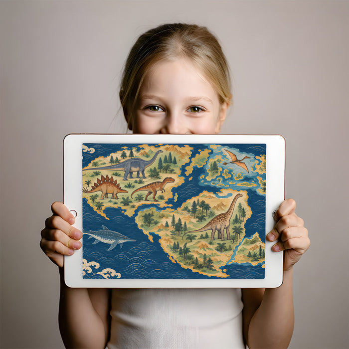 Prehistoric map wallpaper featured in a home study or library room with vintage brass lighting.
