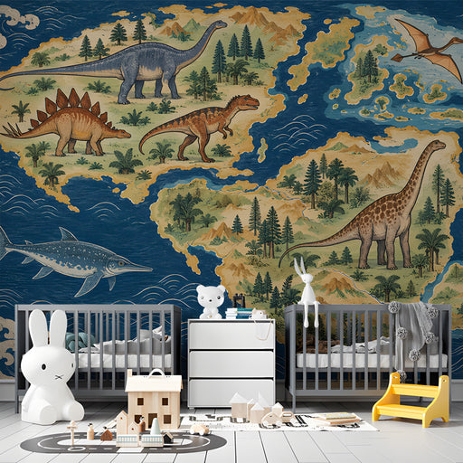 Nautical-themed bedroom wall covered in a vintage dinosaur map pattern with soft ambient lighting.