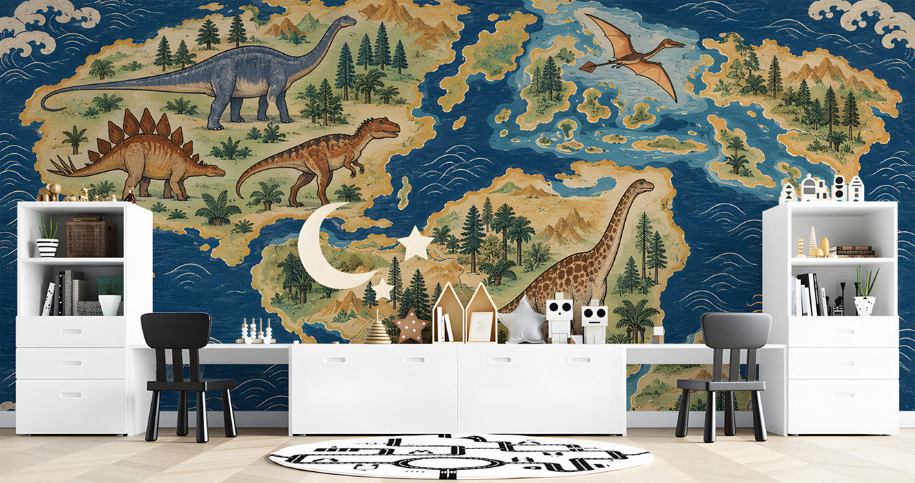Dinosaur world map mural installed in a child's bedroom with wooden furniture and neutral bedding.