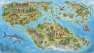 A detailed vintage-style map featuring dinosaurs, marine reptiles, mountains, and forests in vibrant greens and blues.