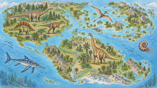 A detailed vintage-style map featuring dinosaurs, marine reptiles, mountains, and forests in vibrant greens and blues.