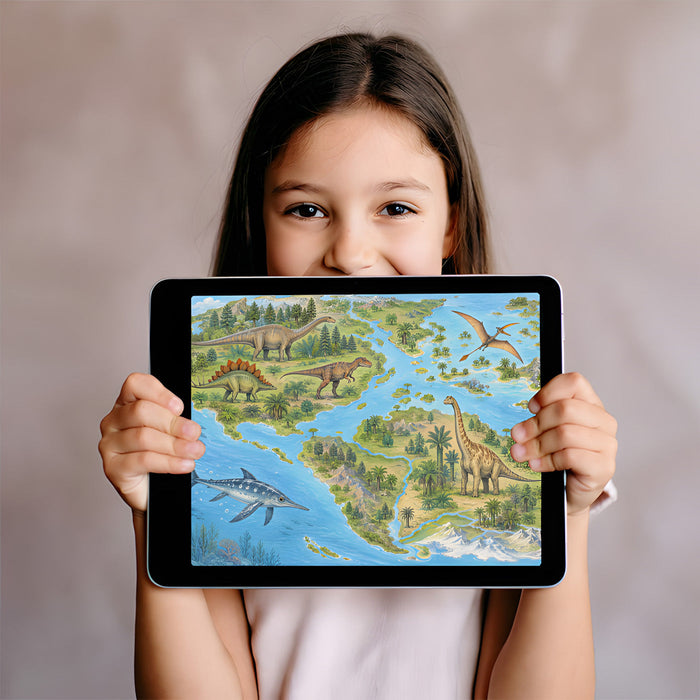 An educational study room with a giant dinosaur world map mural covering the main feature wall.
