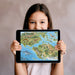 An educational study room with a giant dinosaur world map mural covering the main feature wall.