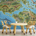 A playroom featuring a pre-historic land and sea map wallpaper with a soft green and blue palette.