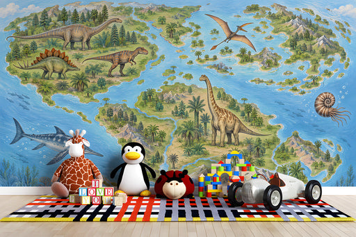 A kid's playroom featuring a large prehistoric dinosaur map wall mural behind a wooden play table.
