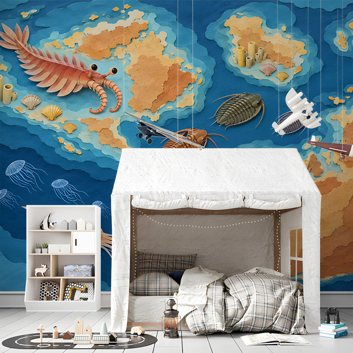 A vibrant bedroom decorated with ancient sea creatures and fossil motifs for a unique and educational atmosphere.