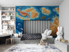 A creative bedroom featuring a prehistoric marine life mural with fossil-inspired motifs and rich blue ocean tones.