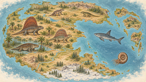 Prehistoric world map mural with dinosaurs, ancient marine life, forests, and snowy mountains in a painterly style.