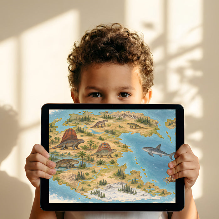 Large-scale dinosaur map wallpaper as a feature wall in a scholarly home office with leather chairs.