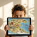 Large-scale dinosaur map wallpaper as a feature wall in a scholarly home office with leather chairs.