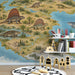 Whimsical map of ancient earth with dinosaur illustrations in a bright and airy playroom setting.