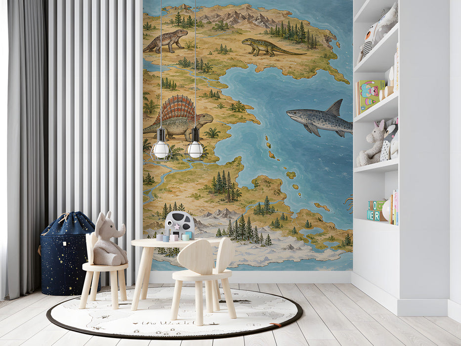 Prehistoric map mural installed in a cozy child's bedroom with wooden furniture and neutral decor.