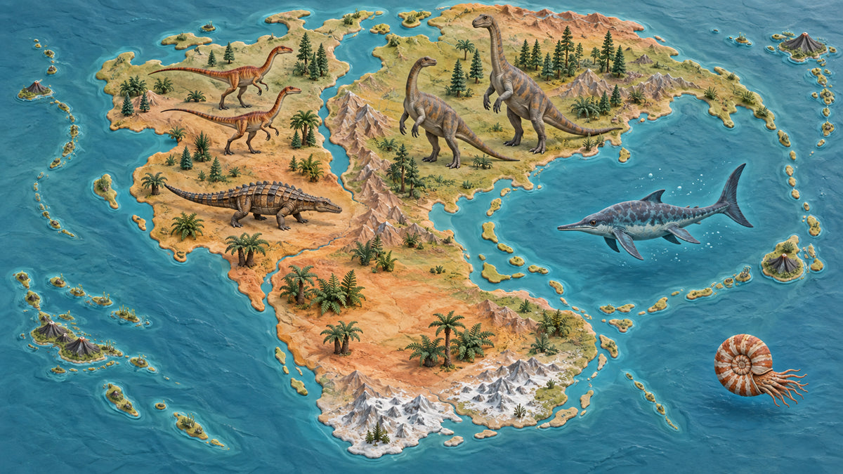 An illustrated map of prehistoric continents featuring dinosaurs, volcanoes, and marine life in earthy tones.