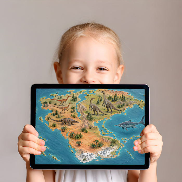 A bright playroom interior featuring a dinosaur land map mural on the main accent wall.