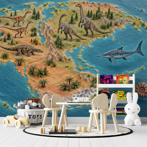 A playroom decorated with an educational prehistoric world map mural.