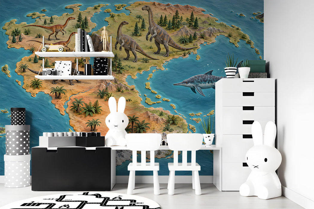 A cozy kid's room with a large prehistoric map mural behind a wooden bed frame.