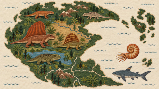 Prehistoric world map mural with dinosaurs, ancient sea creatures, and green continents on cream background