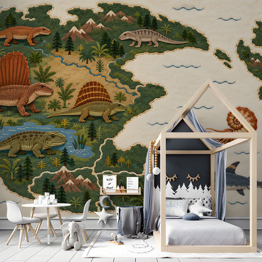 Detailed prehistoric continent mural in a light-filled kid's room with educational decor