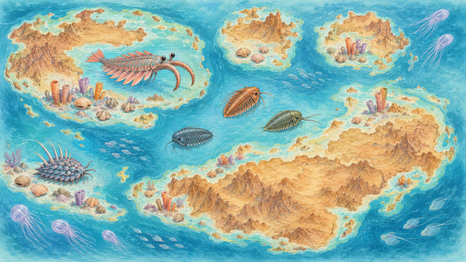 An illustrated map showing prehistoric ocean life with trilobites, jellyfish, and rocky desert islands in blue and ochre tones.
