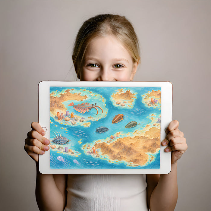 A bright kid bedroom decorated with a prehistoric ocean scene mural behind a natural wood bed frame.