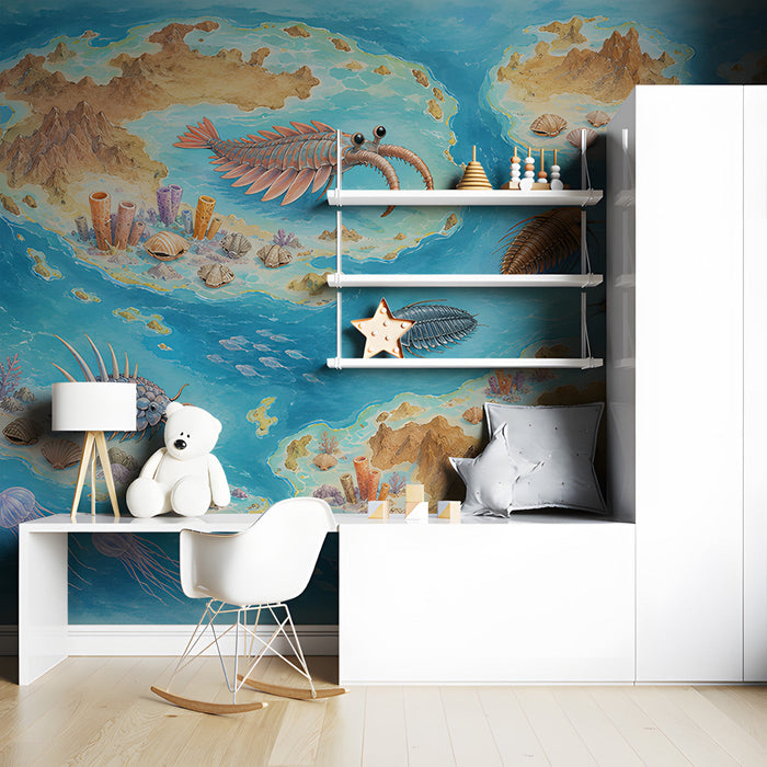 A study space featuring a whimsical underwater prehistoric mural to inspire natural curiosity and wonder.