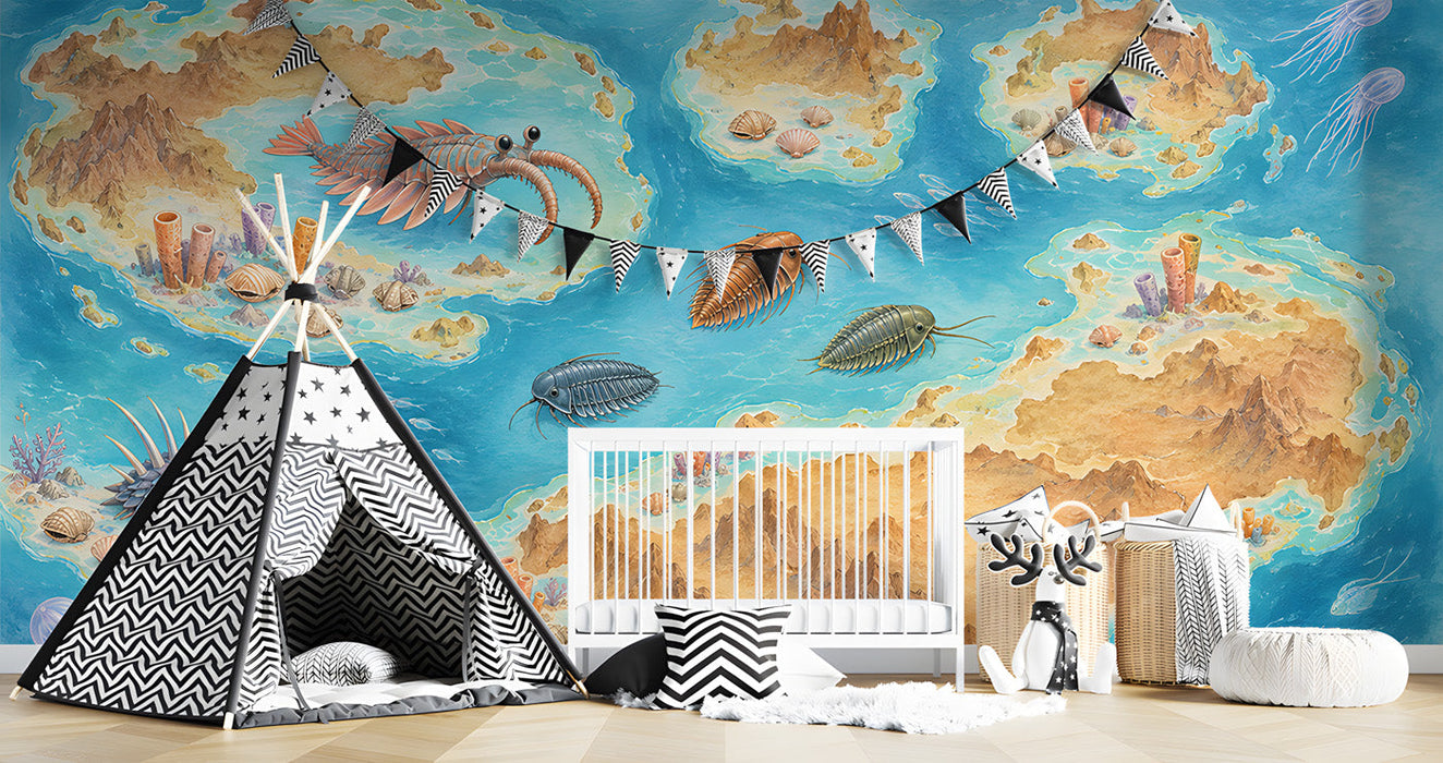 A creative bedroom wall featuring an ancient marine map mural with wooden desk and bookshelves.