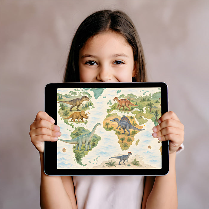 A playful playroom wall decorated with a large dinosaur world map mural for educational and fun interior design.