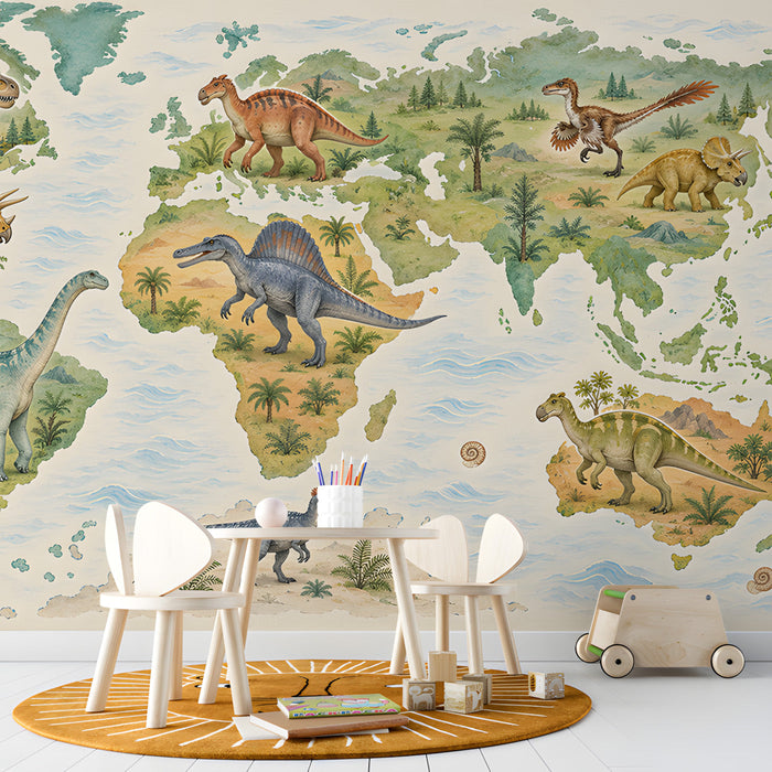 A child's playroom with a vintage-inspired dinosaur map mural to encourage learning and curiosity.