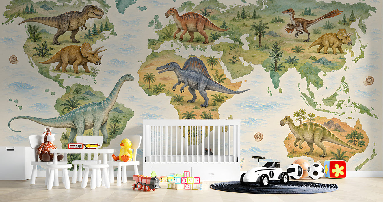 A kids bedroom featuring a dinosaur map wallpaper on the main wall with wooden bed frames and neutral decor.