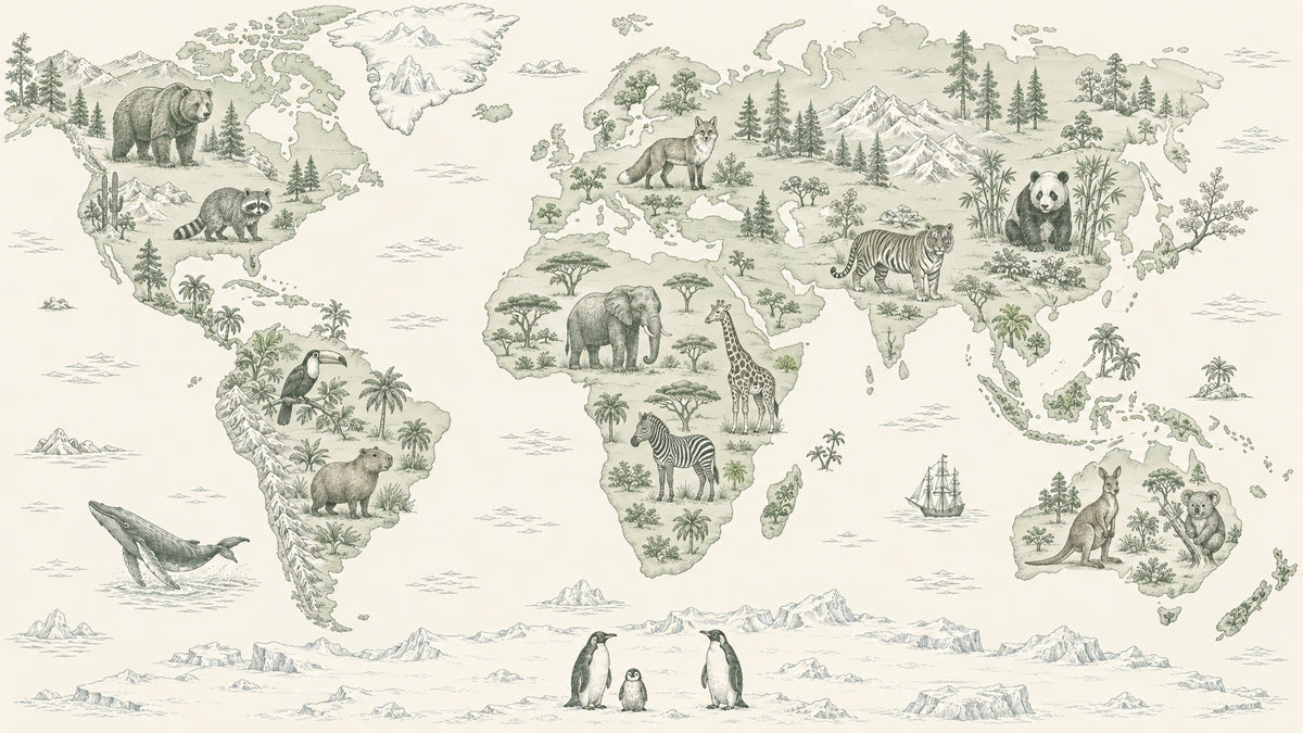 World map mural featuring etched-style wildlife, mountains, and trees in sage green and charcoal on a parchment background.