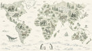 World map mural featuring etched-style wildlife, mountains, and trees in sage green and charcoal on a parchment background.